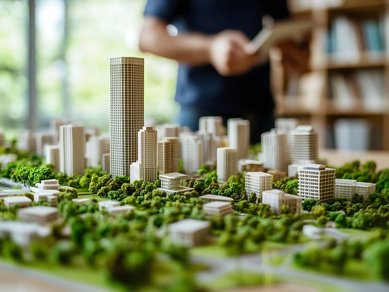 A scale model of buildings and a community in planning stage