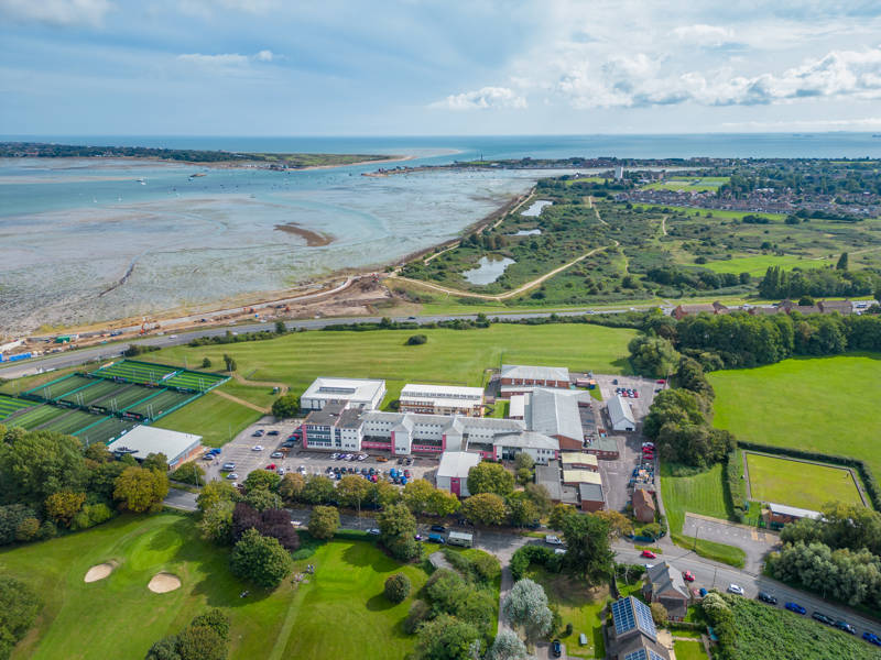 A Birdseye view of City of Portsmouth College Sixth Form Campus on a sunny day 