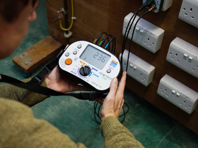 An electrical student testing a plug socket 