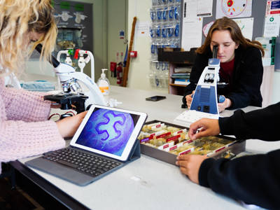 Students using microscopes to look at scientific slides 