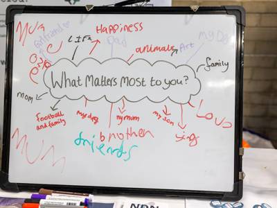 A whiteboard featuring contributions from attendees of Moving Forward about what matters to them most