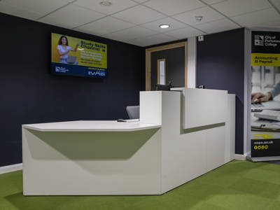 The reception desk at Ayrton Tower, Highbury Campus's business department 