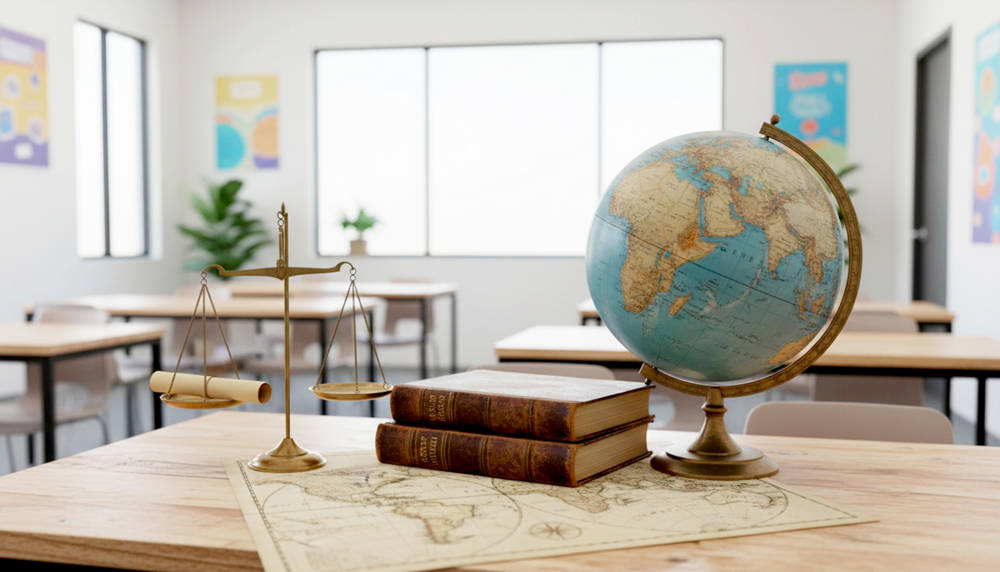 A still-life photo of a desk featuring a globe, old books, scales of justice, and a map. indoor space should feel like a modern classroom.
