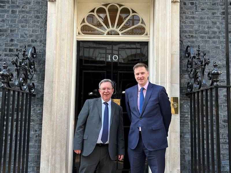 Local media champion Kevin Gover seen with MP Steve Brine outside 10 Downing Street.