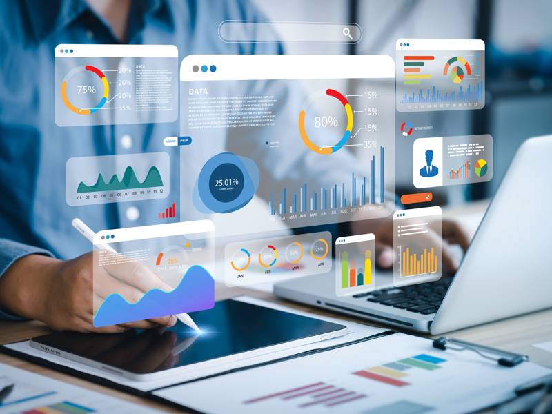 An analyst uses a computer and dashboard for data business analysis and Data Management System with KPI and metrics connected to the database for finance