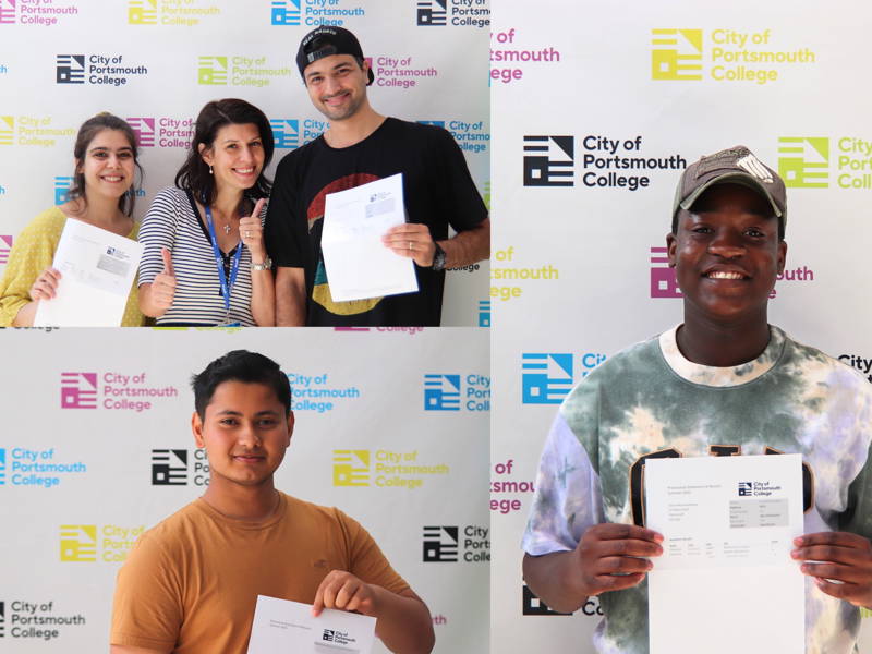 Students from City of Portsmouth College celebrate their Level 2 results at Highbury Campus