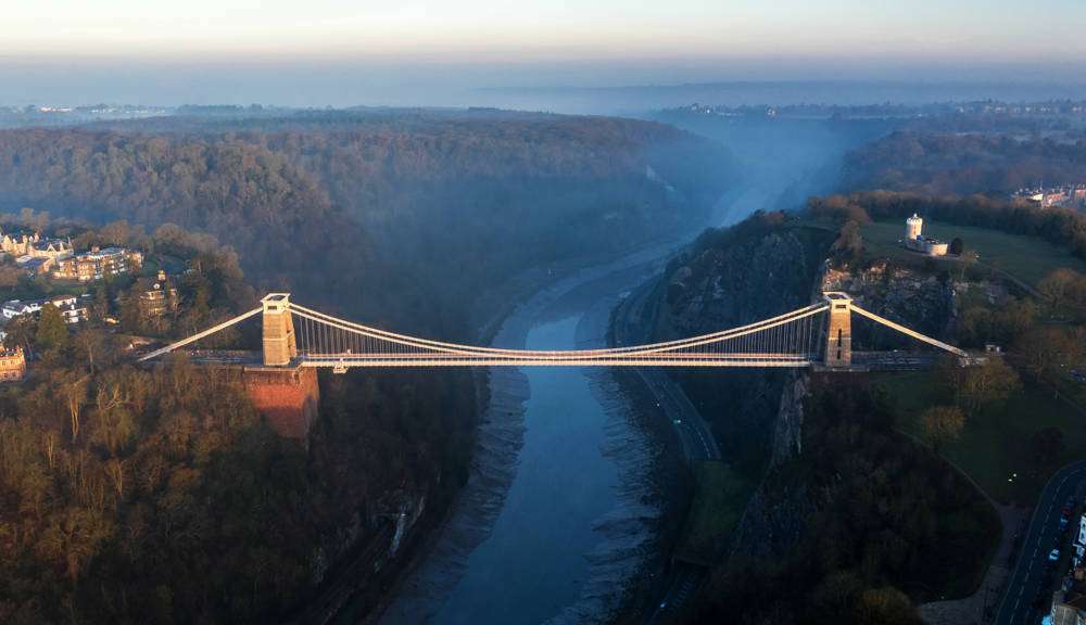 Aerial view of the Clifton Suspension Bridge in Bristol